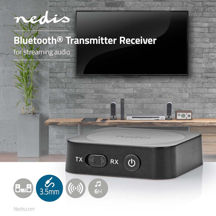 Nedis Bluetooth® Transmitter Receiver - Connection input: 1x AUX, Connection output: 1x AUX, SBC, Battery play time: 6 hrs - Black