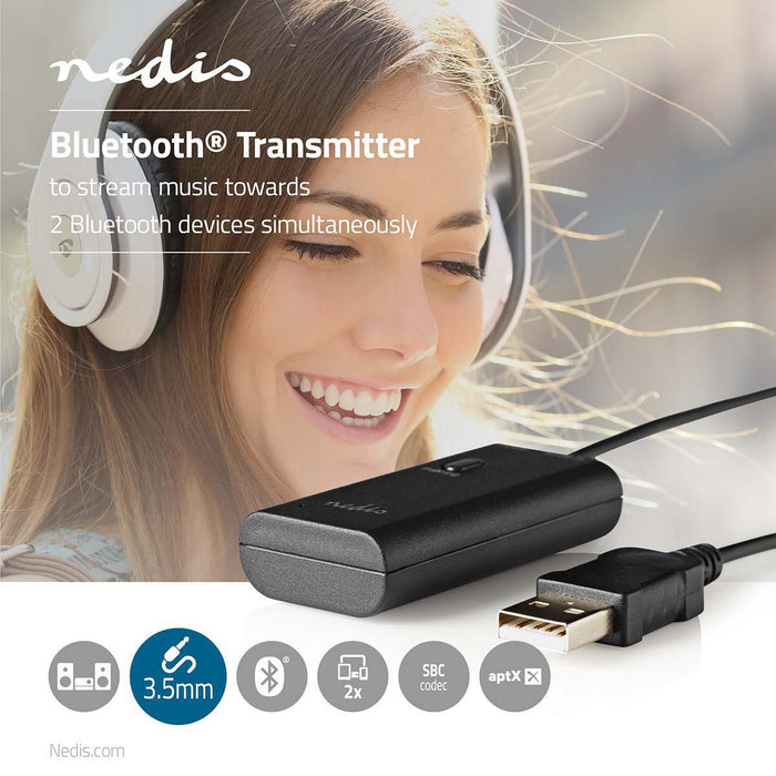 Nedis Bluetooth® Transmitter - Connection input: 1x 3.5 mm, AptX Low latency / AptX / SBC, Up to 2 Devices, Up to 2 Devices - Black