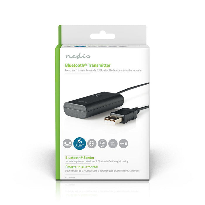 Nedis Bluetooth® Transmitter - Connection input: 1x 3.5 mm, AptX Low latency / AptX / SBC, Up to 2 Devices, Up to 2 Devices - Black