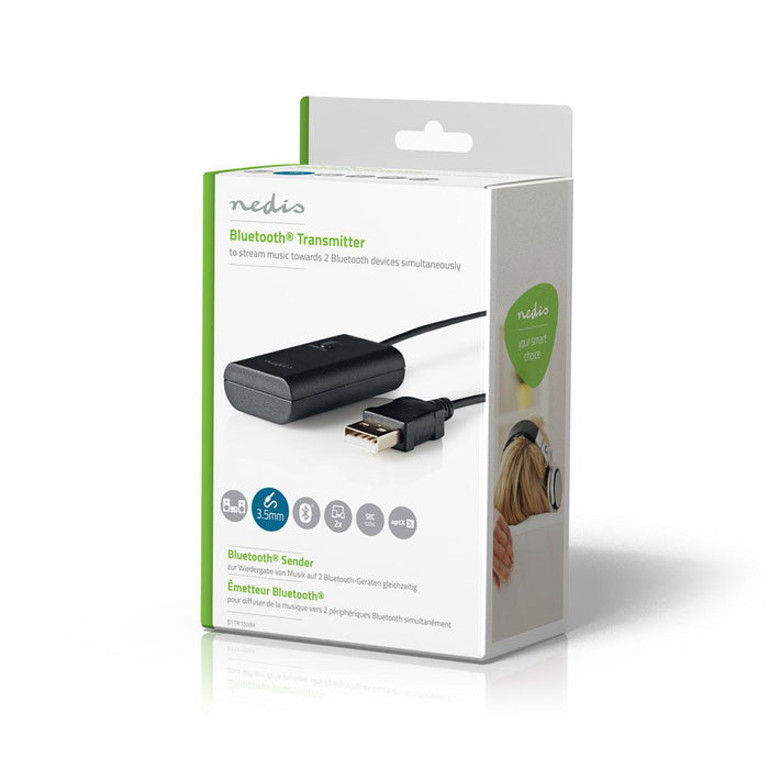 Nedis Bluetooth® Transmitter - Connection input: 1x 3.5 mm, AptX Low latency / AptX / SBC, Up to 2 Devices, Up to 2 Devices - Black