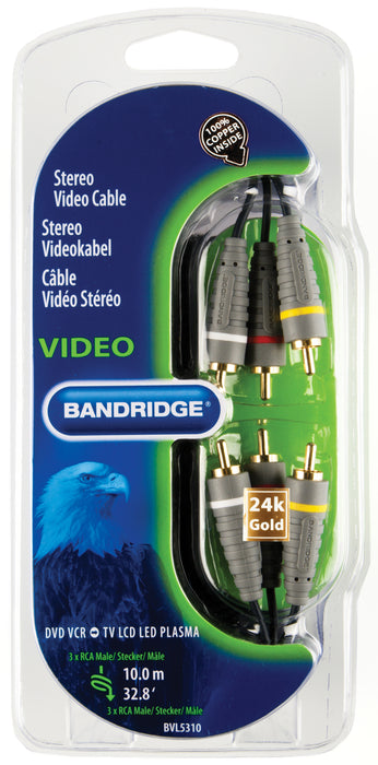 Bandridge Composite Video Cable 3x RCA Male - 3x RCA Male 10.0 m Blue