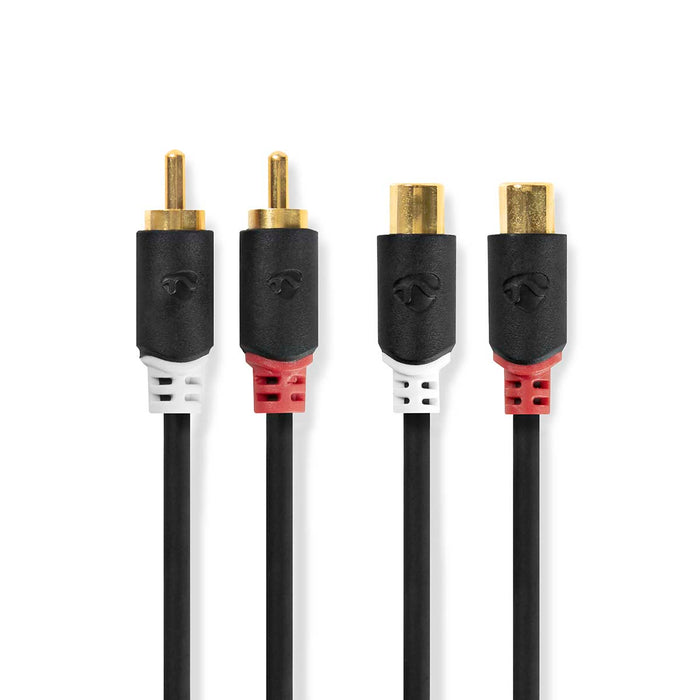 Nedis Stereo Audio Cable - 2x RCA Male, 2x RCA Female, Gold Plated, Anthracite - Box