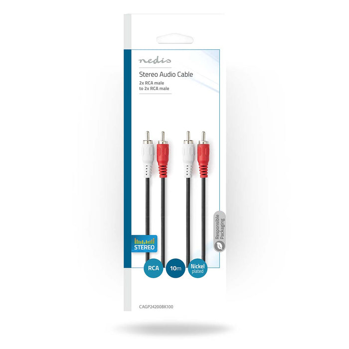 Nedis Stereo Audio Cable - 2x RCA Male, 2x RCA Male, Nickel Plated, Red / White - Envelope