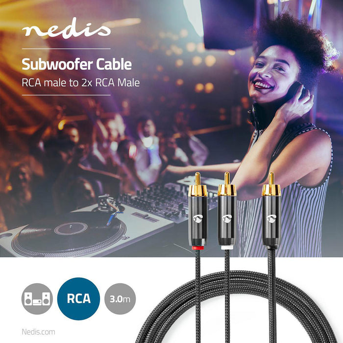 Nedis Subwoofer Cable - RCA Male, 2x RCA Male, Gold Plated, Grey / Gun Metal Grey - Cover Window Box