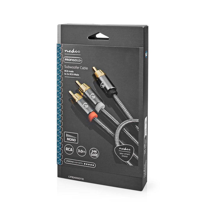 Nedis Subwoofer Cable - RCA Male, 2x RCA Male, Gold Plated, Grey / Gun Metal Grey - Cover Window Box