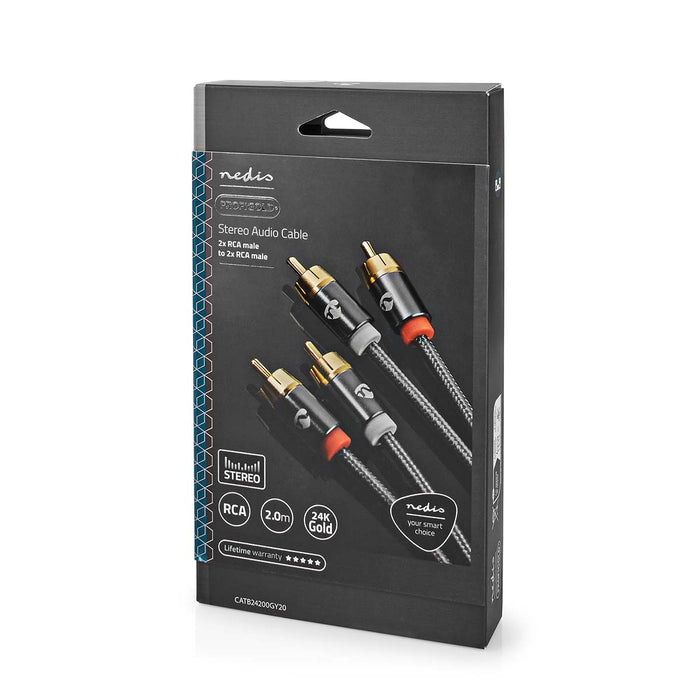 Nedis Stereo Audio Cable - 2x RCA Male, 2x RCA Male, Gold Plated, Grey / Gun Metal Grey - Cover Window Box