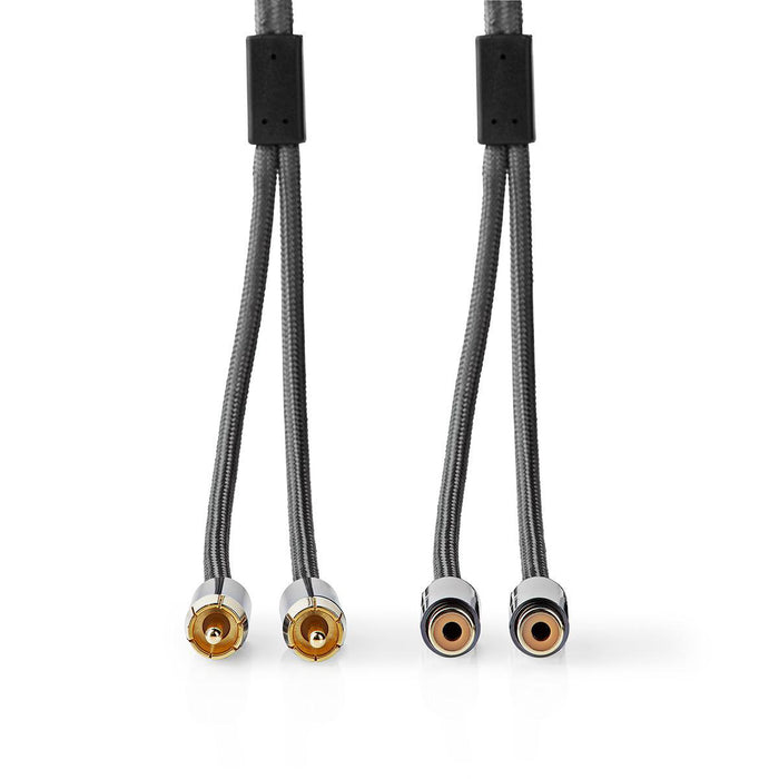 Nedis Stereo Audio Cable - 2x RCA Male, 2x RCA Female, Gold Plated, Grey / Gun Metal Grey - Cover Window Box