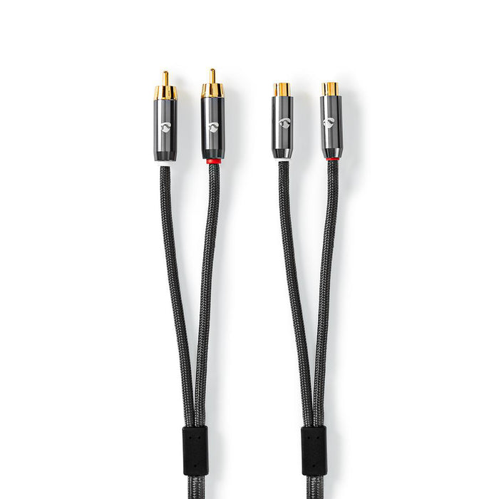 Nedis Stereo Audio Cable - 2x RCA Male, 2x RCA Female, Gold Plated, Grey / Gun Metal Grey - Cover Window Box