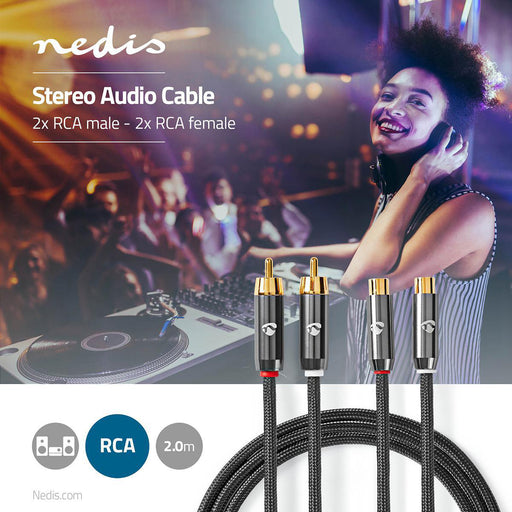 Nedis Stereo Audio Cable - 2x RCA Male, 2x RCA Female, Gold Plated, Grey / Gun Metal Grey - Cover Window Box