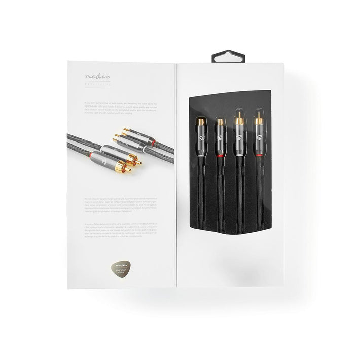 Nedis Stereo Audio Cable - 2x RCA Male, 2x RCA Female, Gold Plated, Grey / Gun Metal Grey - Cover Window Box