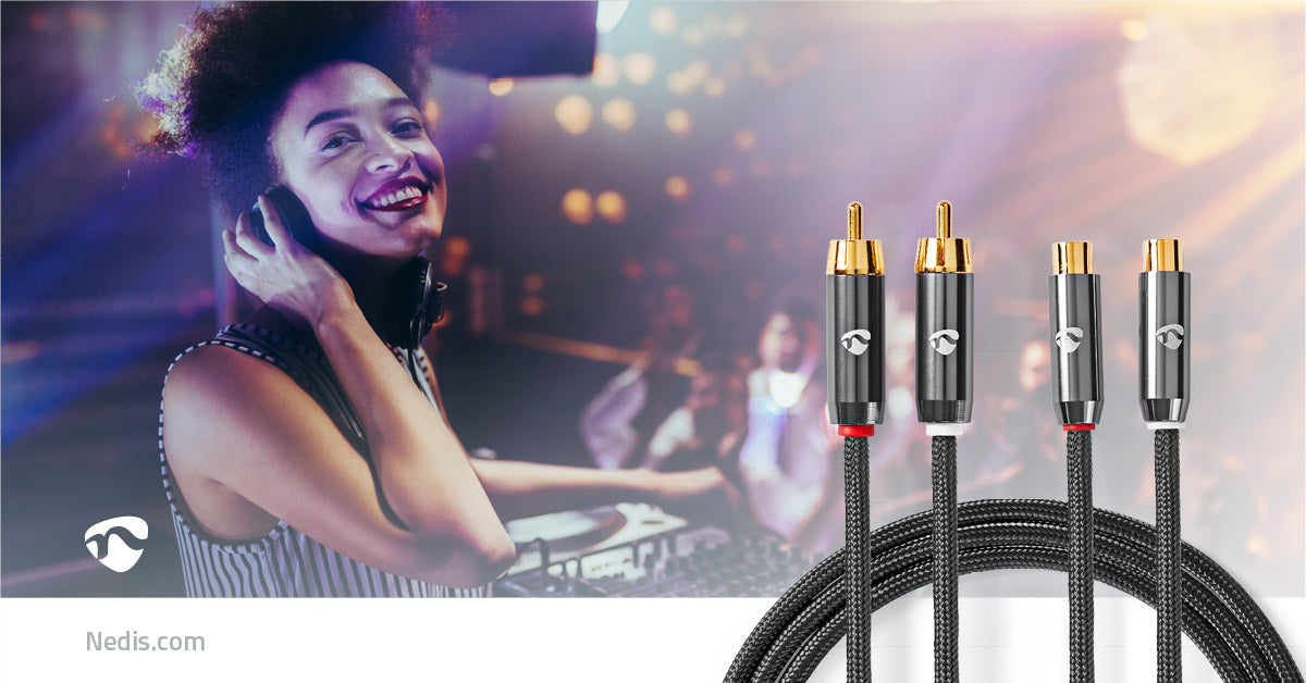 Nedis Stereo Audio Cable - 2x RCA Male, 2x RCA Female, Gold Plated, Grey / Gun Metal Grey - Cover Window Box