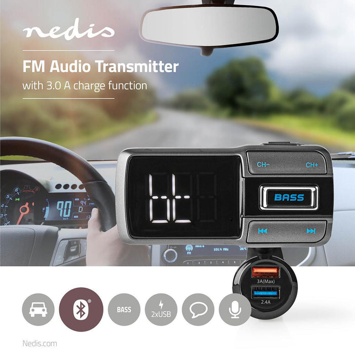 Nedis Car FM Transmitter - Gooseneck, Hands free calling, 2.0", Google Assistant / Siri - Black / Grey