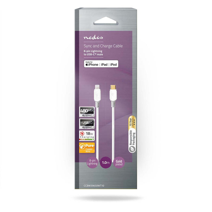 Nedis Lightning Cable - USB 2.0, Apple Lightning 8-Pin, USB-C Male, White - Box