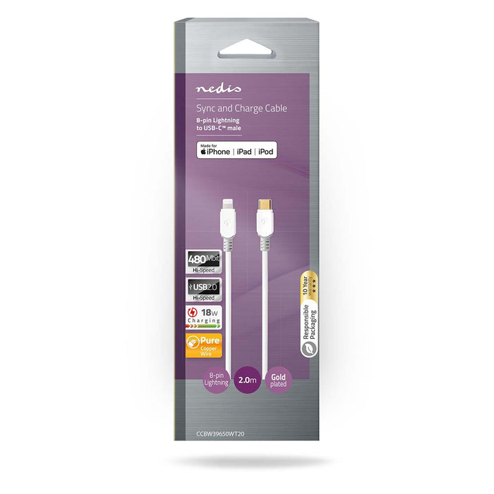 Nedis Lightning Cable - USB 2.0, Apple Lightning 8-Pin, USB-C Male, White - Window Box