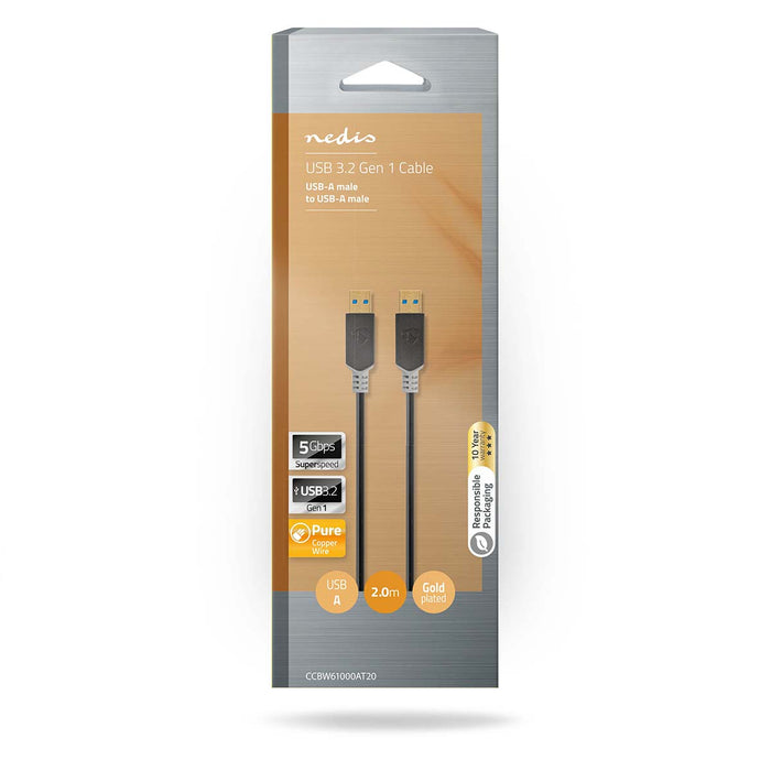 Nedis USB Cable - USB 3.2 Gen 1, USB-A Male, USB-A Male, Anthracite - Box