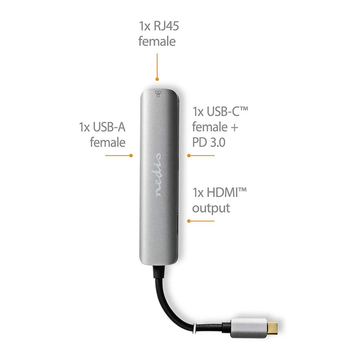 Nedis USB Multi-Port Adapter - USB 3.2 Gen 1, USB-C Male, HDMI Output / RJ45 Female / USB-A Female / USB-C Female, Anthracite - Box