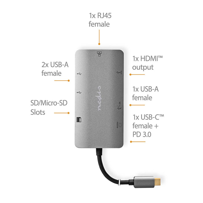 Nedis USB Multi-Port Adapter - USB 3.2 Gen 1, USB-C Male, HDMI Output / Micro SD / RJ45 Female / SD / USB-C Female / 3x USB-A Female, Anthracite - Box