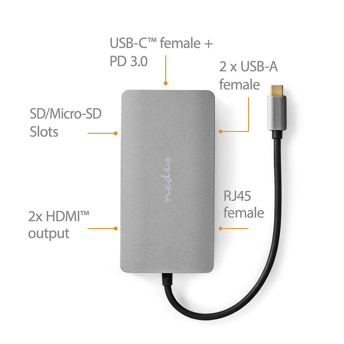 Nedis USB Multi-Port Adapter - USB 3.2 Gen 1, USB-C Male, Micro SD / RJ45 Female / SD / USB-C Female / 2x HDMI / 2x USB-A Female, Anthracite - Box