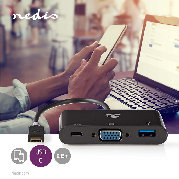 Nedis USB Adapter - USB 3.2 Gen 1, USB-C Male, USB-A Female / USB-C Female / VGA Female, Anthracite - Window Box