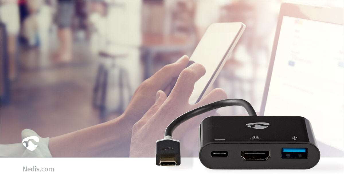 Nedis USB Adapter - USB 3.2 Gen 1, USB-C Male, HDMI Output / USB-A Female / USB-C Female, Anthracite - Window Box