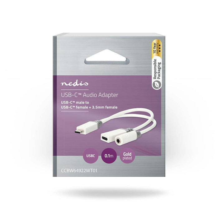 Nedis USB-C Adapter - USB 2.0, USB-C Male, USB-C Female / 3.5 mm Female, White - Box