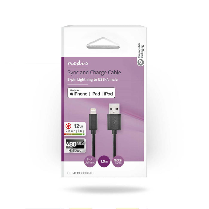 Nedis Lightning Cable - USB 2.0, Apple Lightning 8-Pin, USB-A Male, Black - Box