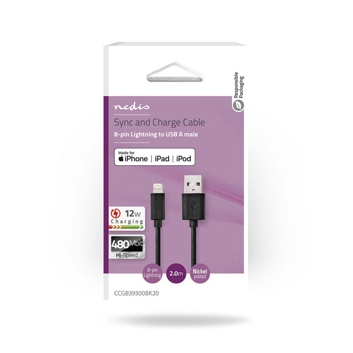 Nedis Lightning Cable - USB 2.0, Apple Lightning 8-Pin, USB-A Male, Black - Box