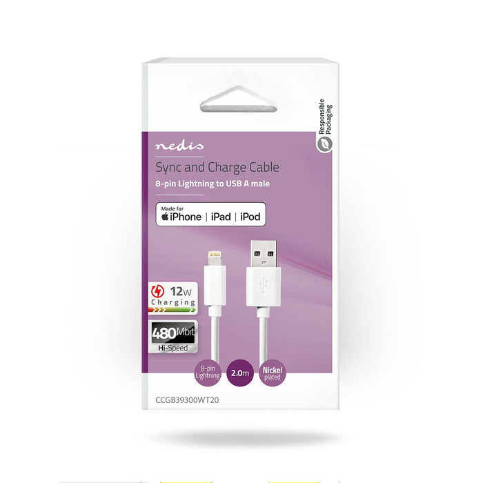 Nedis Lightning Cable - USB 2.0, Apple Lightning 8-Pin, USB-A Male, White - Box