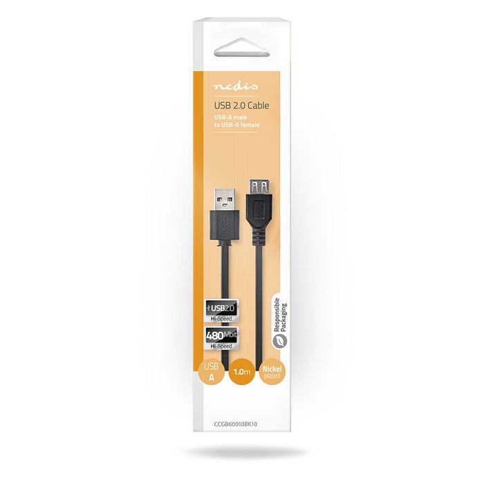 Nedis USB Cable - USB 2.0, USB-A Male, USB-A Female, Black - Box