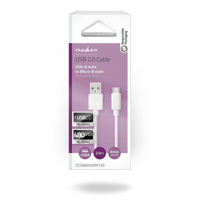 Nedis USB Cable - USB 2.0, USB-A Male, USB Micro-B Male, White - Box