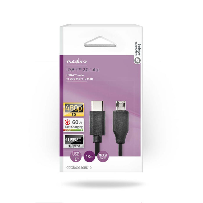 Nedis USB Cable - USB 2.0, USB-C Male, USB Micro-B Male, Black - Blister