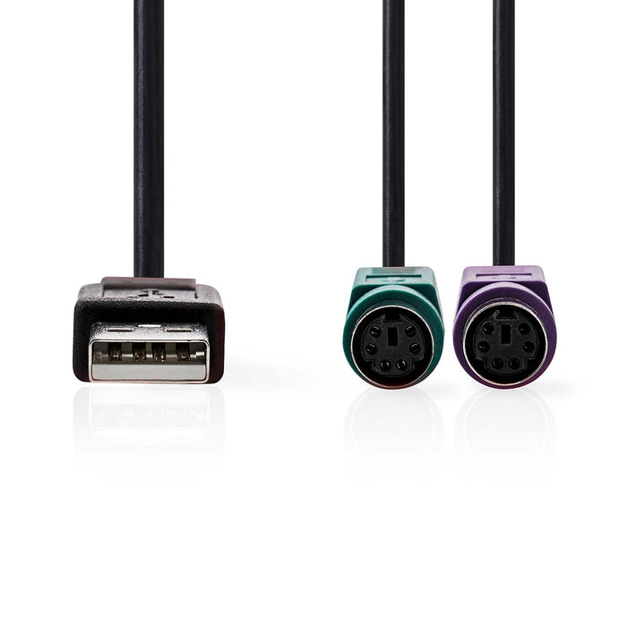 Nedis 2-in-1 Cable - USB 2.0, USB-A Male, 2x PS/2 Female, Black - Box