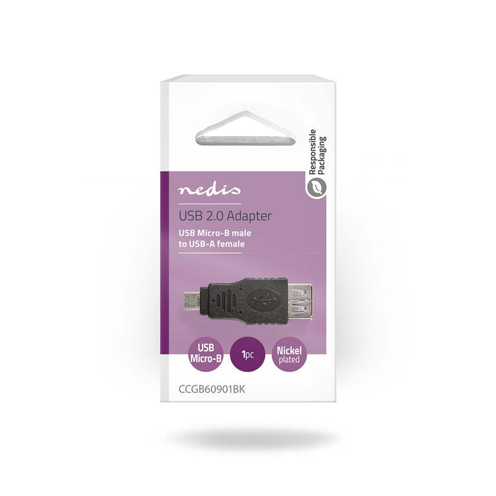 Nedis USB Adapter - USB 2.0, USB Micro-B Male, USB-A Female, Black - Blister