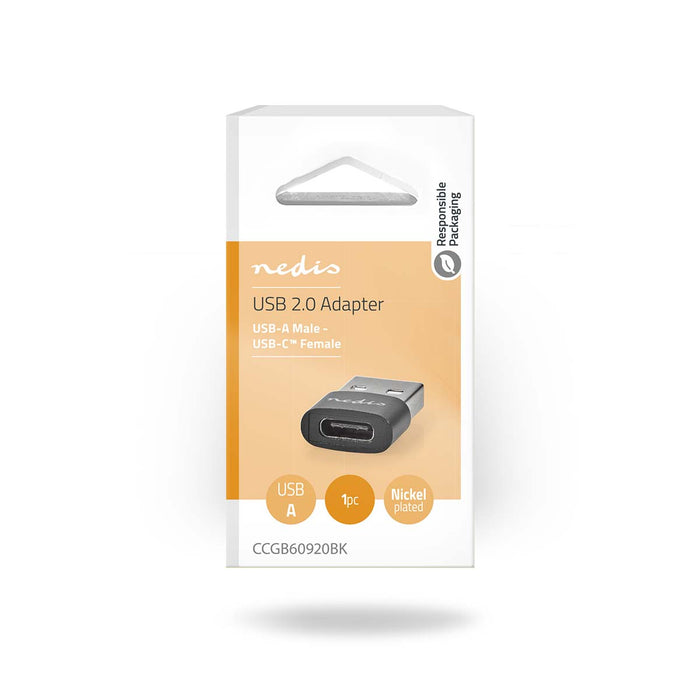 Nedis USB-A Adapter - USB 2.0, USB-A Male, USB-C Female, Black - Box