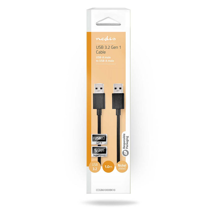 Nedis USB Cable - USB 3.2 Gen 1, USB-A Male, USB-A Male, Black - Box