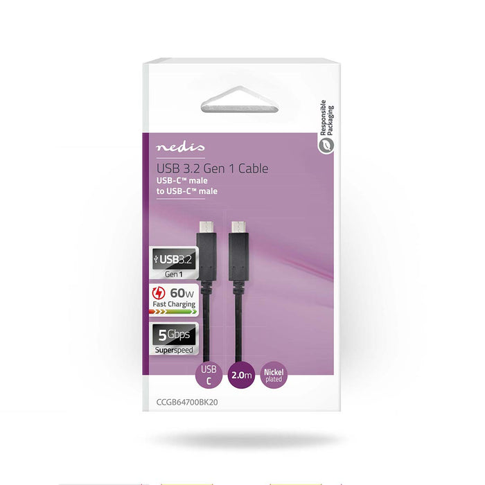 Nedis USB Cable - USB 3.2 Gen 1, USB-C Male, USB-C Male, Black - Box