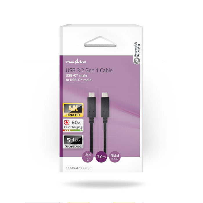 Nedis USB Cable - USB 3.2 Gen 1, USB-C Male, USB-C Male, Black - Box