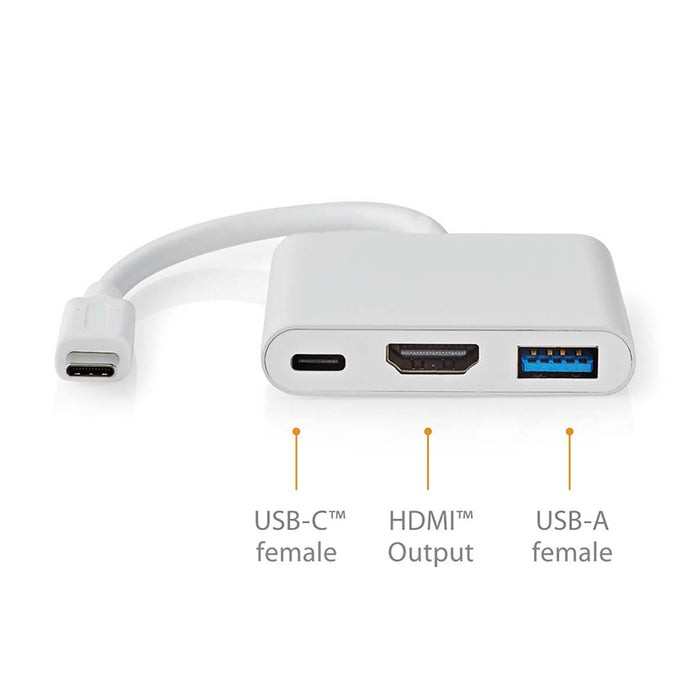 Nedis USB Multi-Port Adapter - USB 3.2 Gen 1, USB-C Male, HDMI Output / USB-A Female / USB-C Female, White - Box