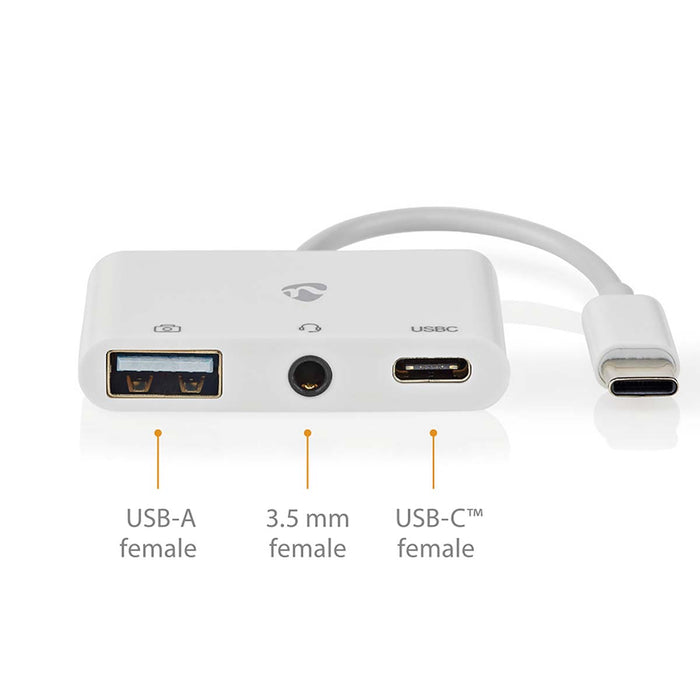 Nedis USB Multi-Port Adapter - USB 2.0, USB-C Male, USB-A Female / USB-C Female / 3.5 mm Female, White - Box