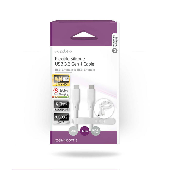 Nedis USB Cable - USB 3.2 Gen 1, USB-C Male, USB-C Male, White - Box