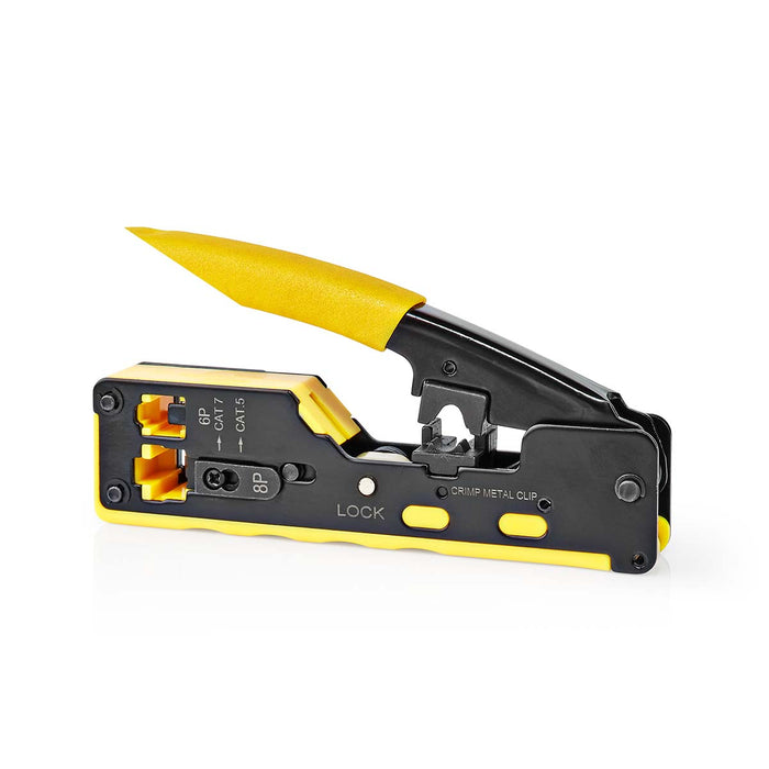 Nedis Crimp pliers - CAT5 / CAT5e / CAT6 / CAT6a / CAT7 / RJ12 / RJ45, Cutting / Plier / Stripping, Rubber / Steel, Rubber / Steel - Black / Yellow