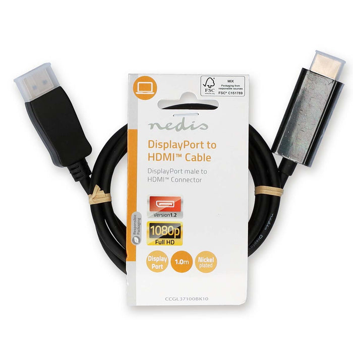 Nedis DisplayPort Cable - DisplayPort Male, HDMI Connector, 1080p, Black - Label