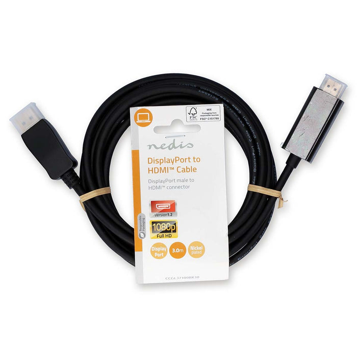 Nedis DisplayPort Cable - DisplayPort Male, HDMI Connector, 1080p, Black - Label