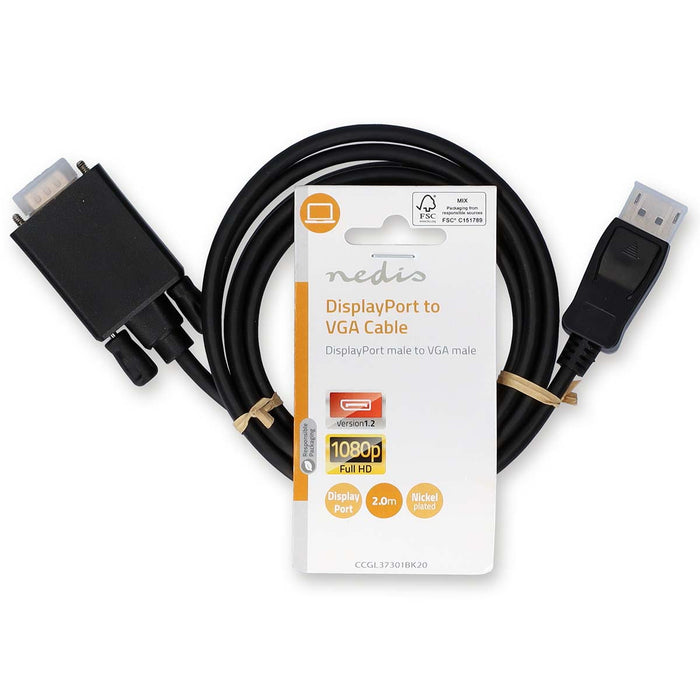 Nedis VGA Cable - DisplayPort Male, VGA Male, Nickel Plated, Black - Label