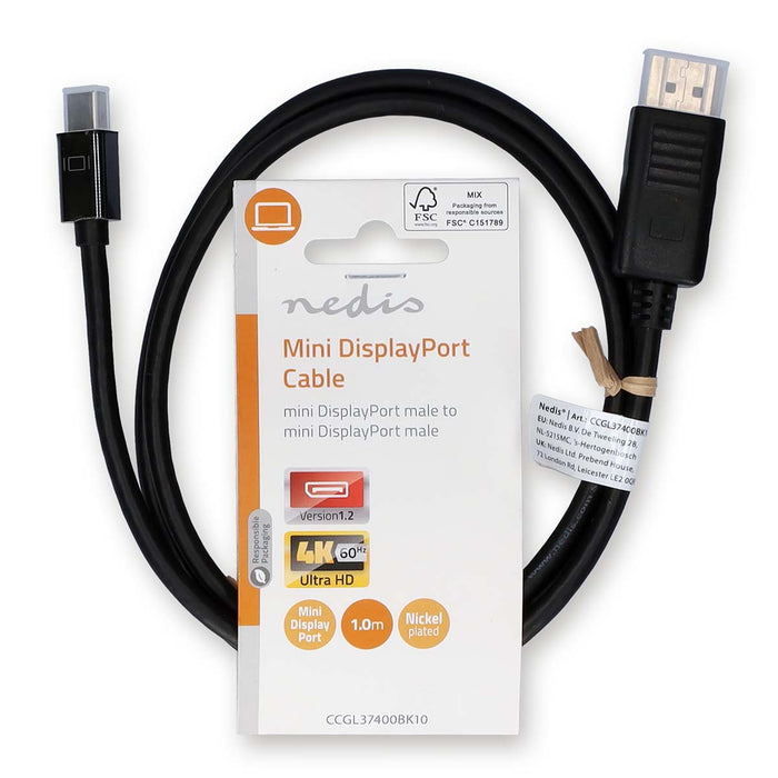 Nedis Mini DisplayPort Cable - DisplayPort 1.2, Mini DisplayPort Male, DisplayPort Male, Black - Label