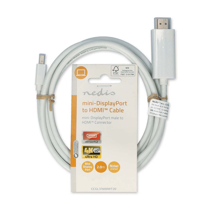 Nedis Mini DisplayPort Cable - DisplayPort 1.2, Mini DisplayPort Male, HDMI Connector, White - Label