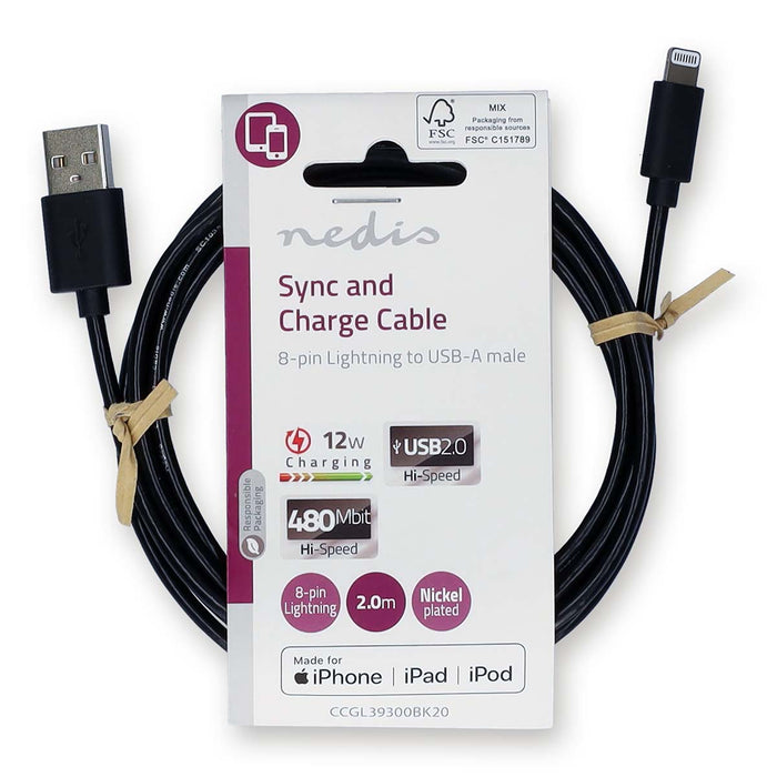 Nedis Lightning Cable - USB 2.0, Apple Lightning 8-Pin, USB-A Male, Black - Label