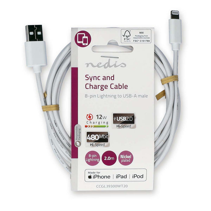 Nedis Lightning Cable - USB 2.0, Apple Lightning 8-Pin, USB-A Male, White - Label