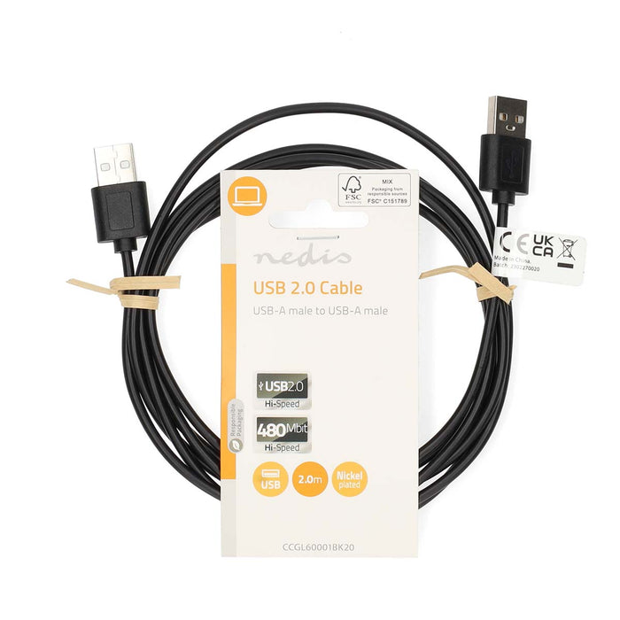 Nedis USB Cable - USB 2.0, USB-A Male, USB-A Male, Black - Label