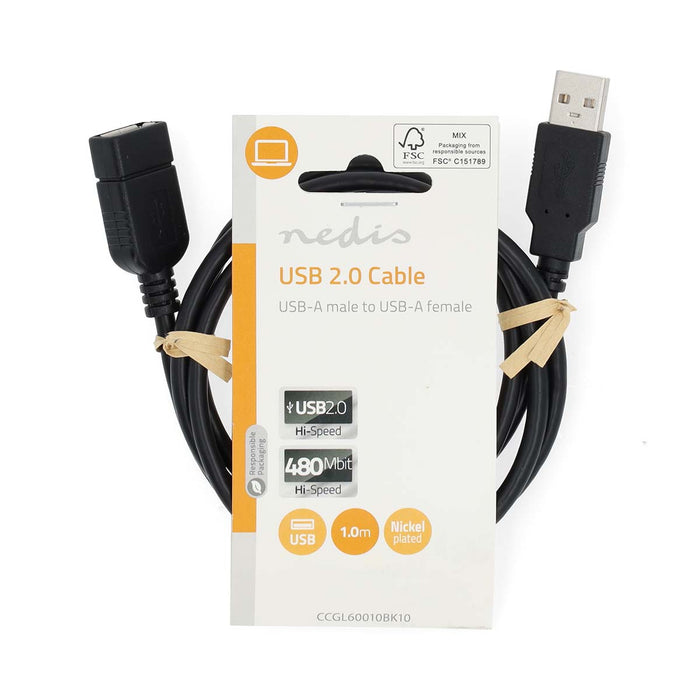 Nedis USB Cable - USB 2.0, USB-A Male, USB-A Female, Black - Label